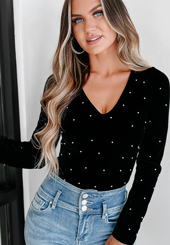 Pearl Detail Velvet V-Neck Long Sleeve Bodysuit