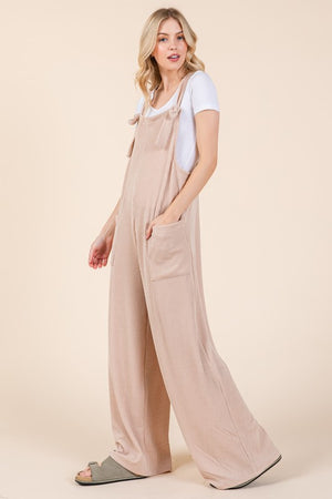 BOMBOM Knot Straps Wide Leg Ribbed Overalls with Pockets