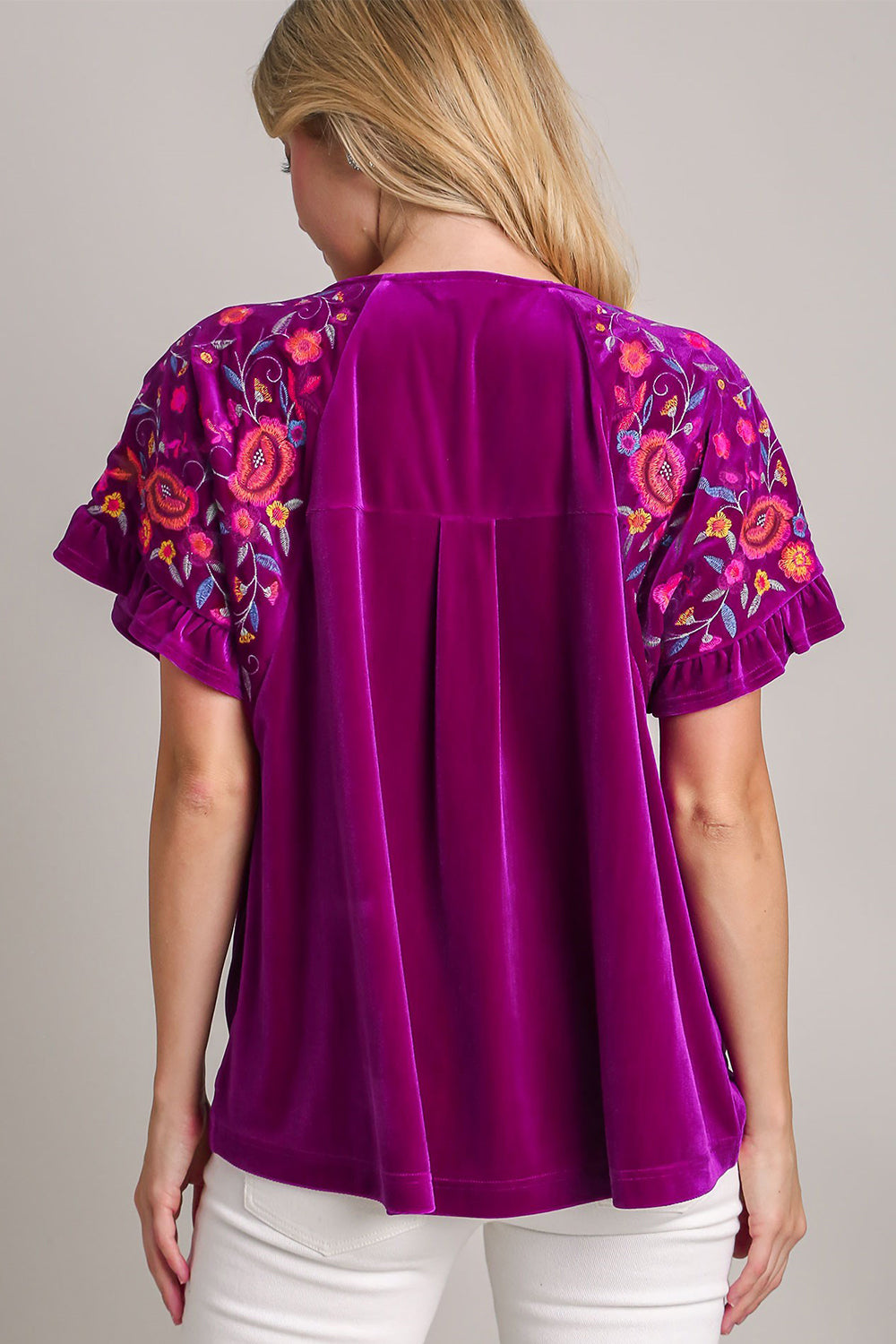 Umgee Full Size Velvet Embroidery Short Sleeve Blouse