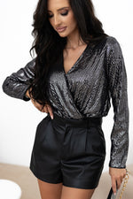 Sequin Surplice Long Sleeve Bodysuit