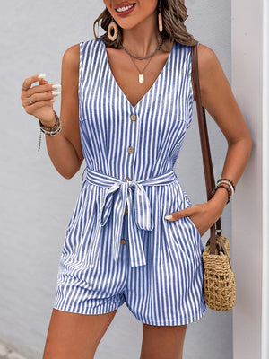 Perfee Striped V-Neck Tie Waist Romper