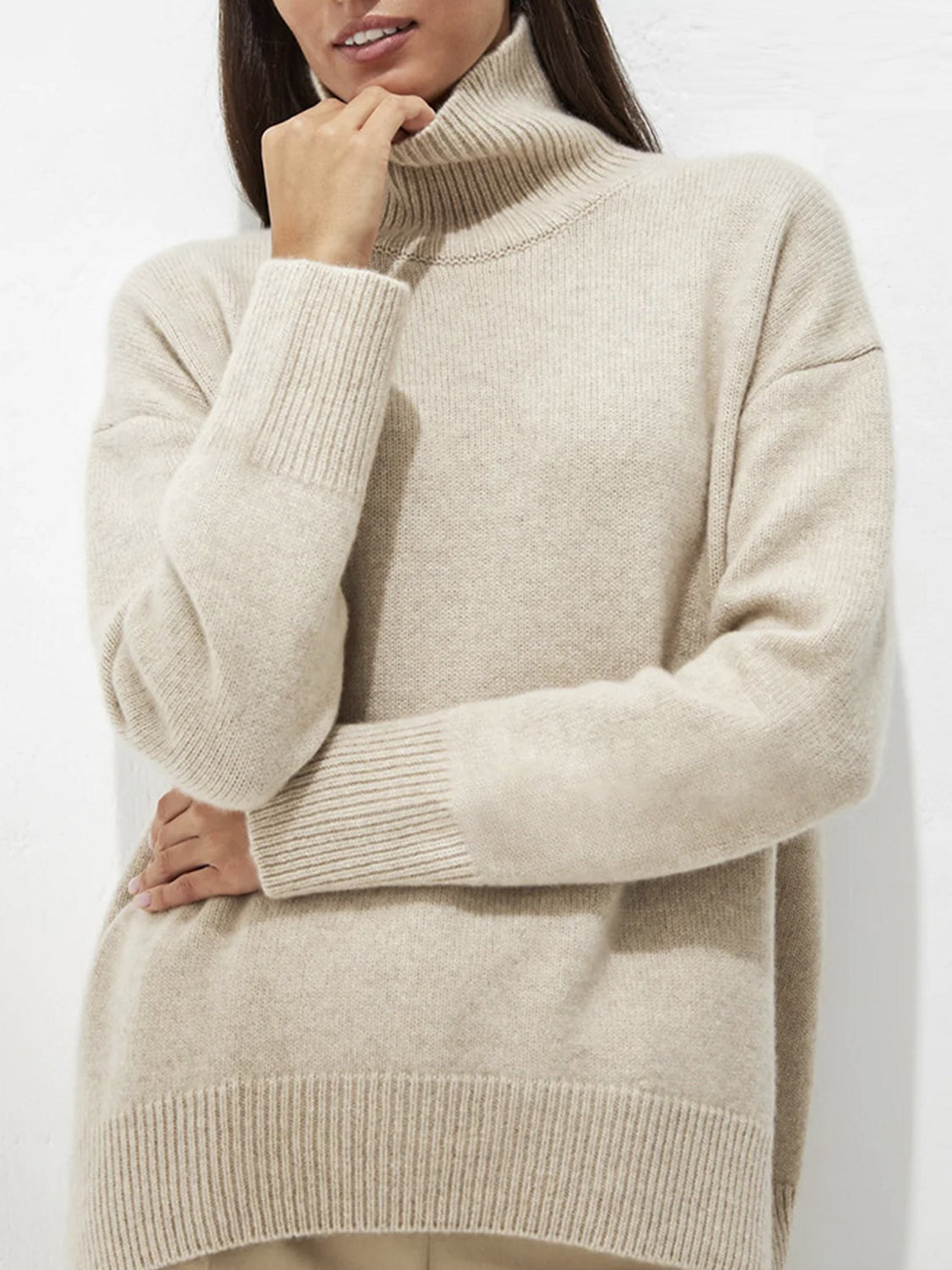 Ribbed Detail Turtleneck Dropped Shoulder Sweater