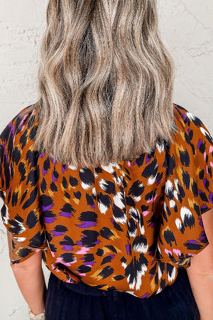 Leopard Notched Short Sleeve Blouse