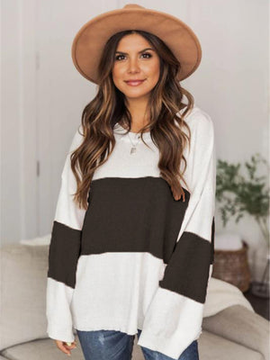 Color Block Round Neck Long Sleeve Sweater