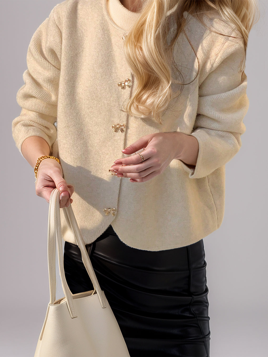 Bow Button Down Round Neck Long Sleeve Cardigan