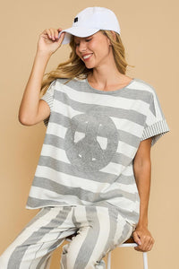 Umgee Peace Sign Patch Striped French Terry T-Shirt