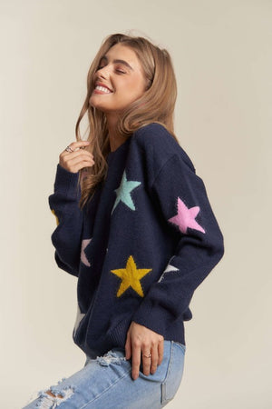 ADORA Stars Pattern Round Neck Drop Shoulder Sweater