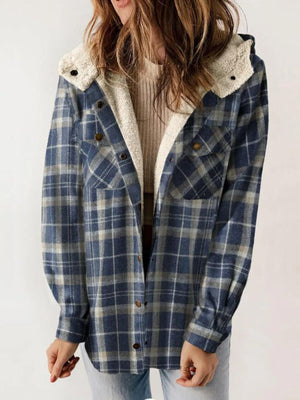 Plaid Snap Down Plush Hooded Jacket