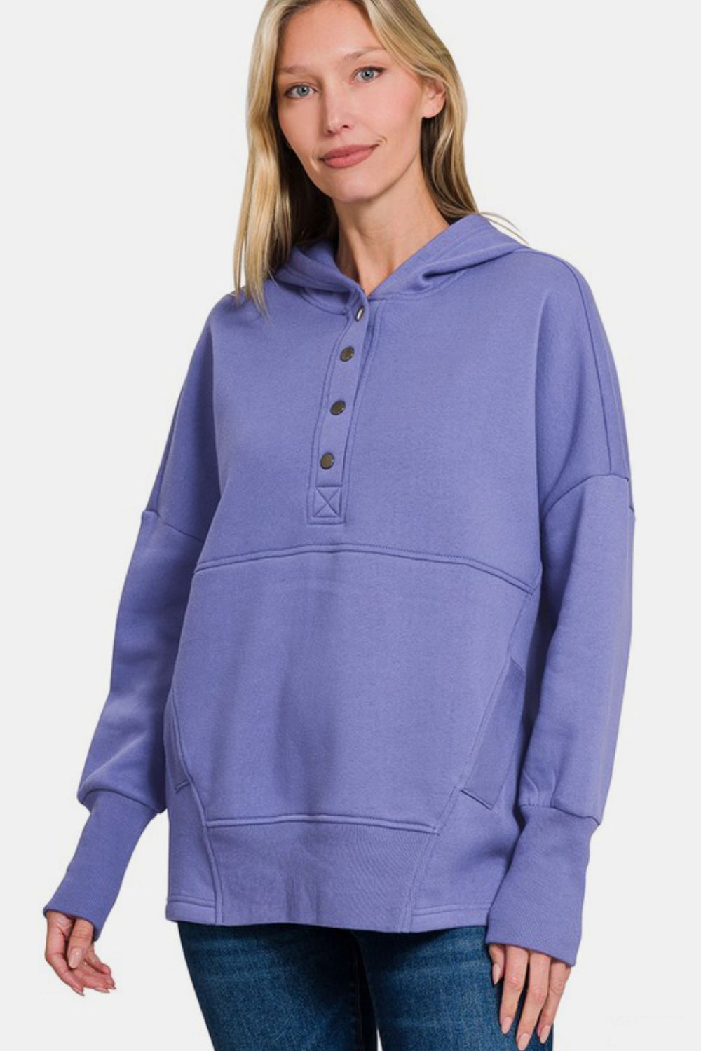 Zenana Half Snap Long Sleeve Hoodie with Kangaroo Pocket