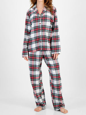 Plaid Collared Neck Button Up Top and Pants Lounge Set