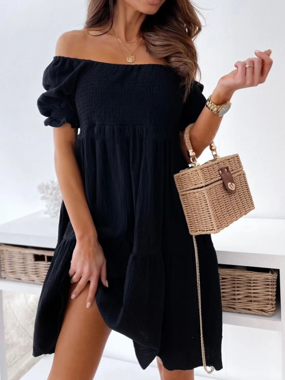 Smocked Off-Shoulder Mini Dress  Sois Inspire