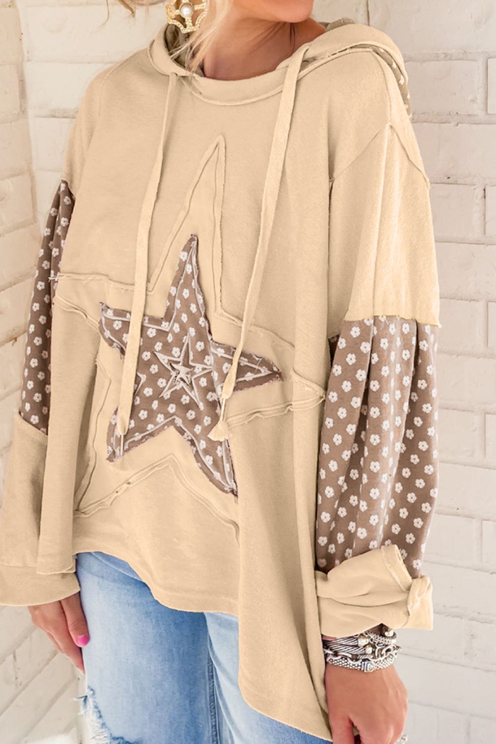 Floral Patchwork Star Pattern Drawstring Hoodie