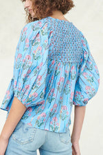 Smocked Floral Print Tie Neck Blouse