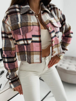 Pocketed Collared Neck Long Sleeve Plaid Jacket