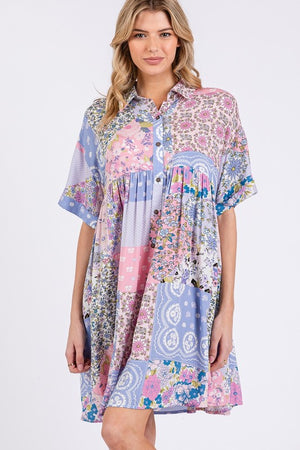 SAGE + FIG Floral Collared Neck Half Sleeve Mini Shirt Dress