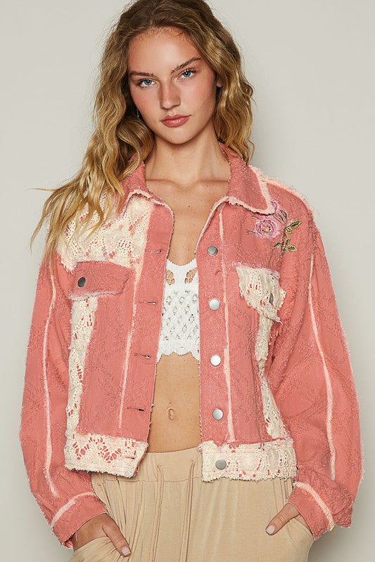 POL Crochet Patch Embroidered Button Up Jacket