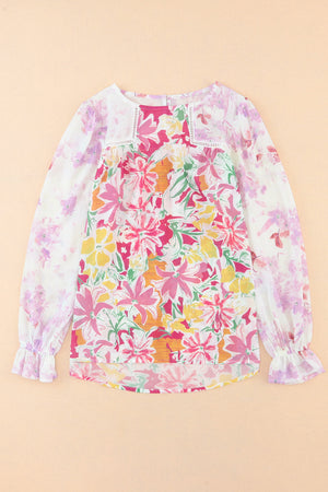 Floral Round Neck Flounce Sleeve Blouse