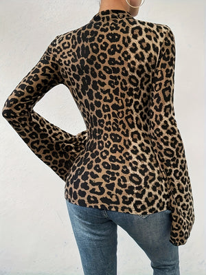 Leopard Mock Neck Flare Sleeve Top