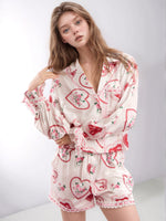 Valentine’s Day Lace Detail Heart Print Collared Neck Top and Shorts Lounge Set