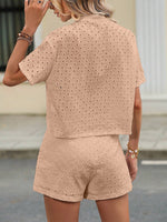 Eyelet Notched Short Sleeve Top and Shorts Set