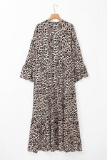 Leopard Notched Long Sleeve Maxi Dress