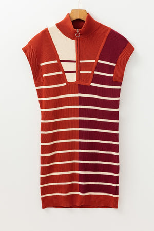 Striped Quarter Zip Cap Sleeve Sweater Dress