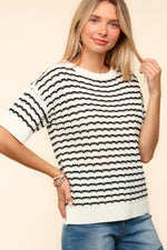 Haptics Openwork Striped Round Neck Half Sleeve Knit Top