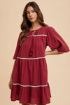 Annie Wear Tassel Contrast Trim Tie Neck Half Sleeve Tiered Dress