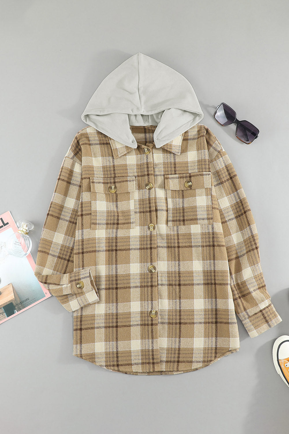 Plaid Button Up Long Sleeve Hooded Jacket