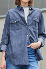 Pocketed Collared Neck Long Sleeve Denim Top