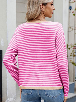 Striped Contrast Round Neck Long Sleeve Sweater