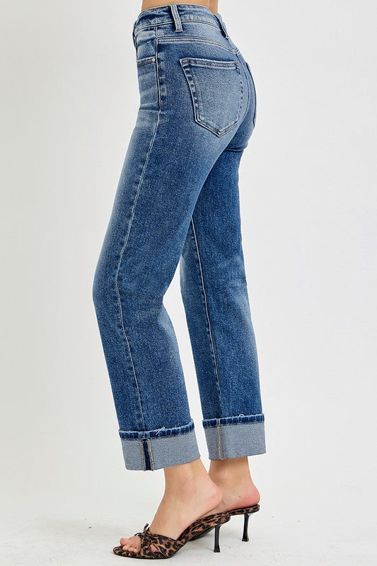 RISEN Full Size High Rise Crop Straight Roll Up Jeans