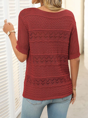 Openwork Round Neck Half Sleeve Knit Top