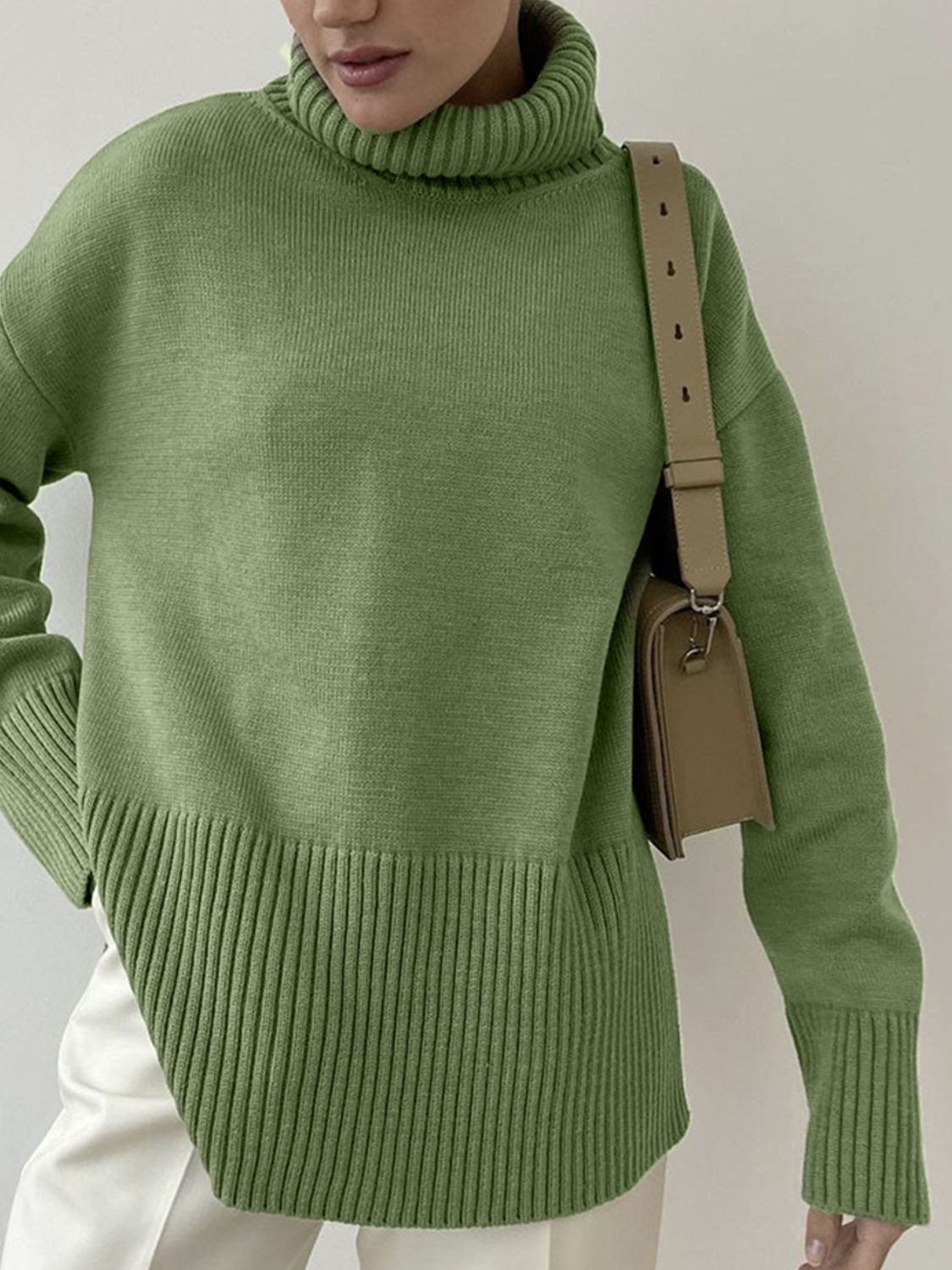 Side Slit Turtleneck Drop Shoulder Sweater