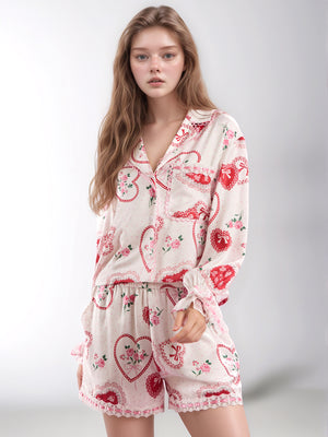 Valentine’s Day Lace Detail Heart Print Collared Neck Top and Shorts Lounge Set