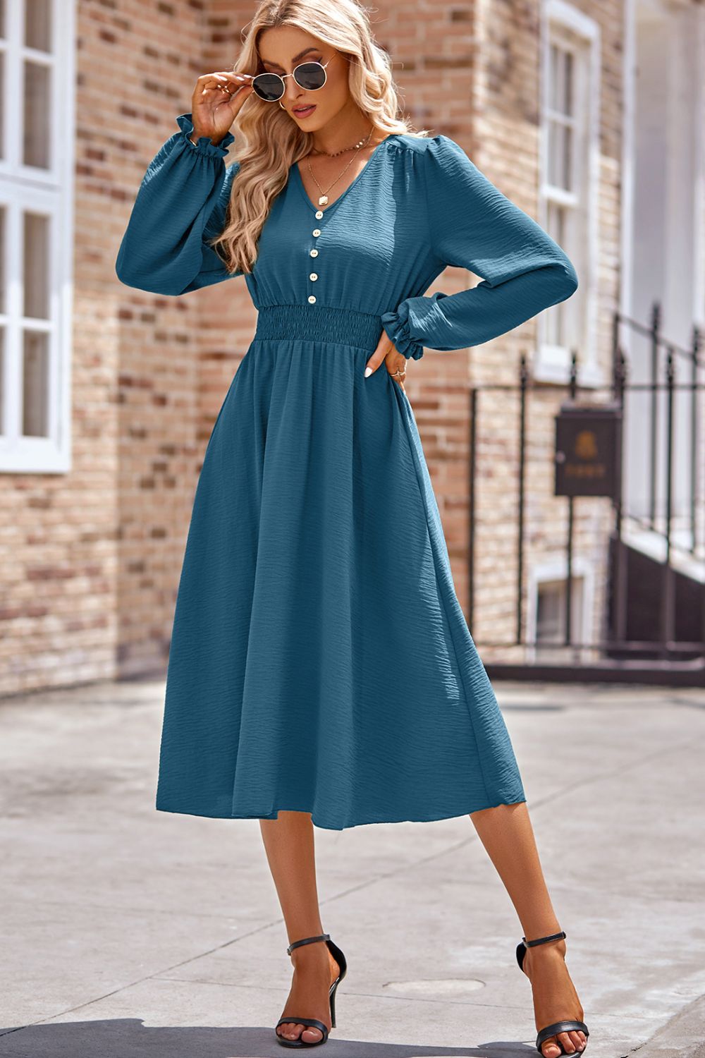 Smocked V-Neck Flounce Sleeve Midi Dress