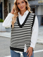 Slit V-Neck Striped Sweater Vest