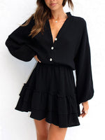 Ruffled Notched Balloon Sleeve Mini Dress