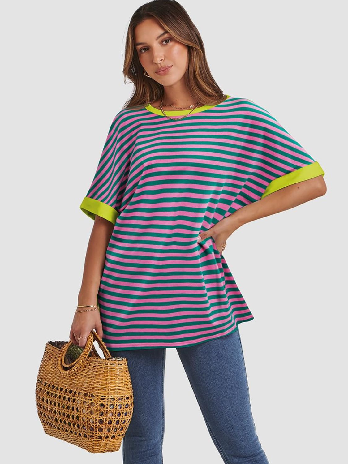 Contrast Striped Round Neck Half Sleeve T-Shirt