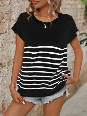 Striped Round Neck Short Sleeve Knit Top