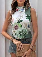 Tied Flower Printed Mock Neck Top