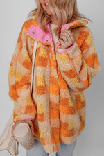 Checkered Long Sleeve Sherpa Hooded Jacket