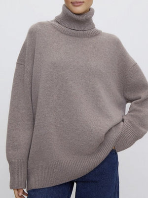 Ribbed Detail Turtleneck Dropped Shoulder Sweater