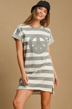 Umgee Peace Applique Striped Short Sleeve Mini Dress