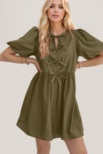 Oh Bow Ruched Puff Sleeve Mini Dress