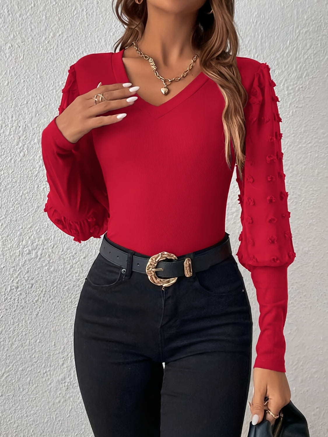 Swiss Dot V-Neck Long Sleeve Top