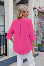 Ruffled V-Neck Three-Quarter Sleeve Blouse