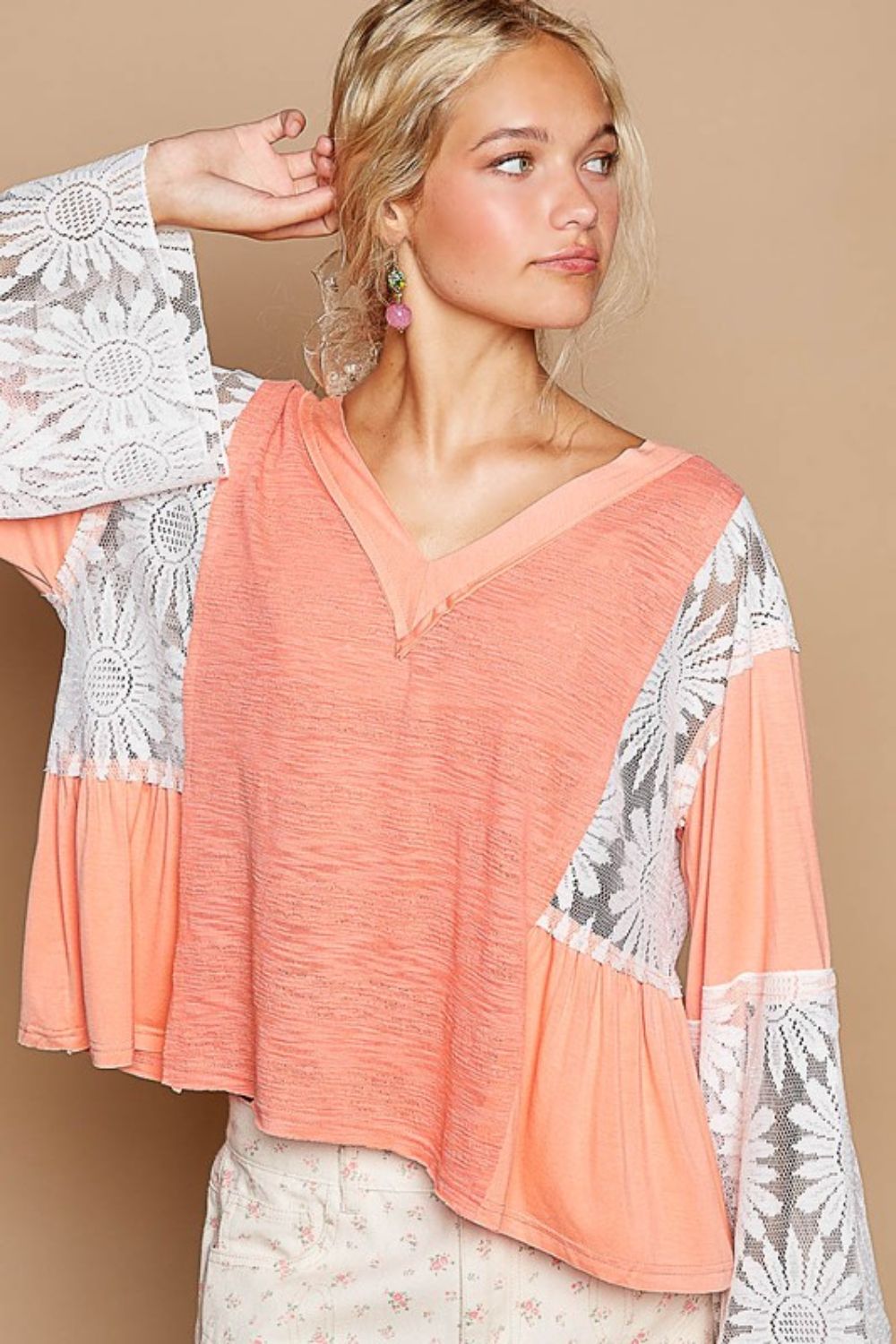 POL Lace Detail V-Neck Flare Sleeve Blouse