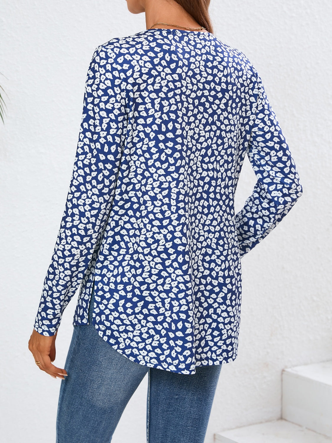 Quarter Button Printed Round Neck Long Sleeve Top