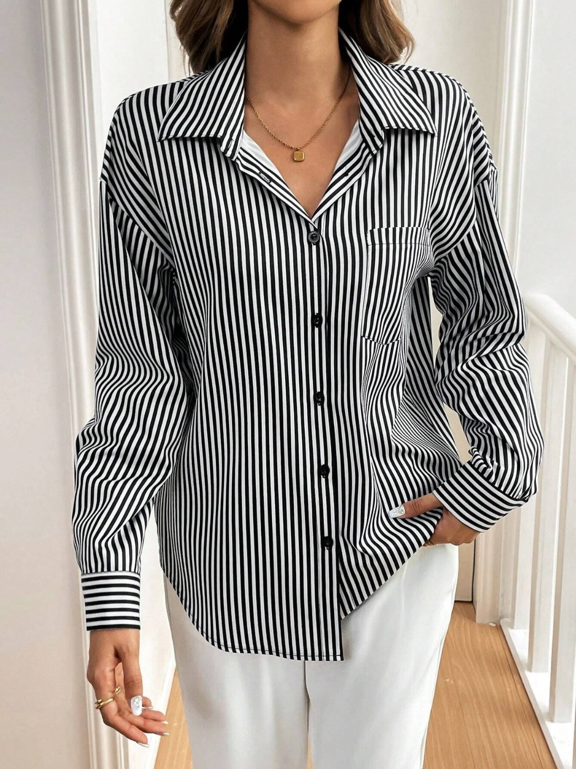 Cutout Bow Back Striped Collared Neck Long Sleeve Shirt